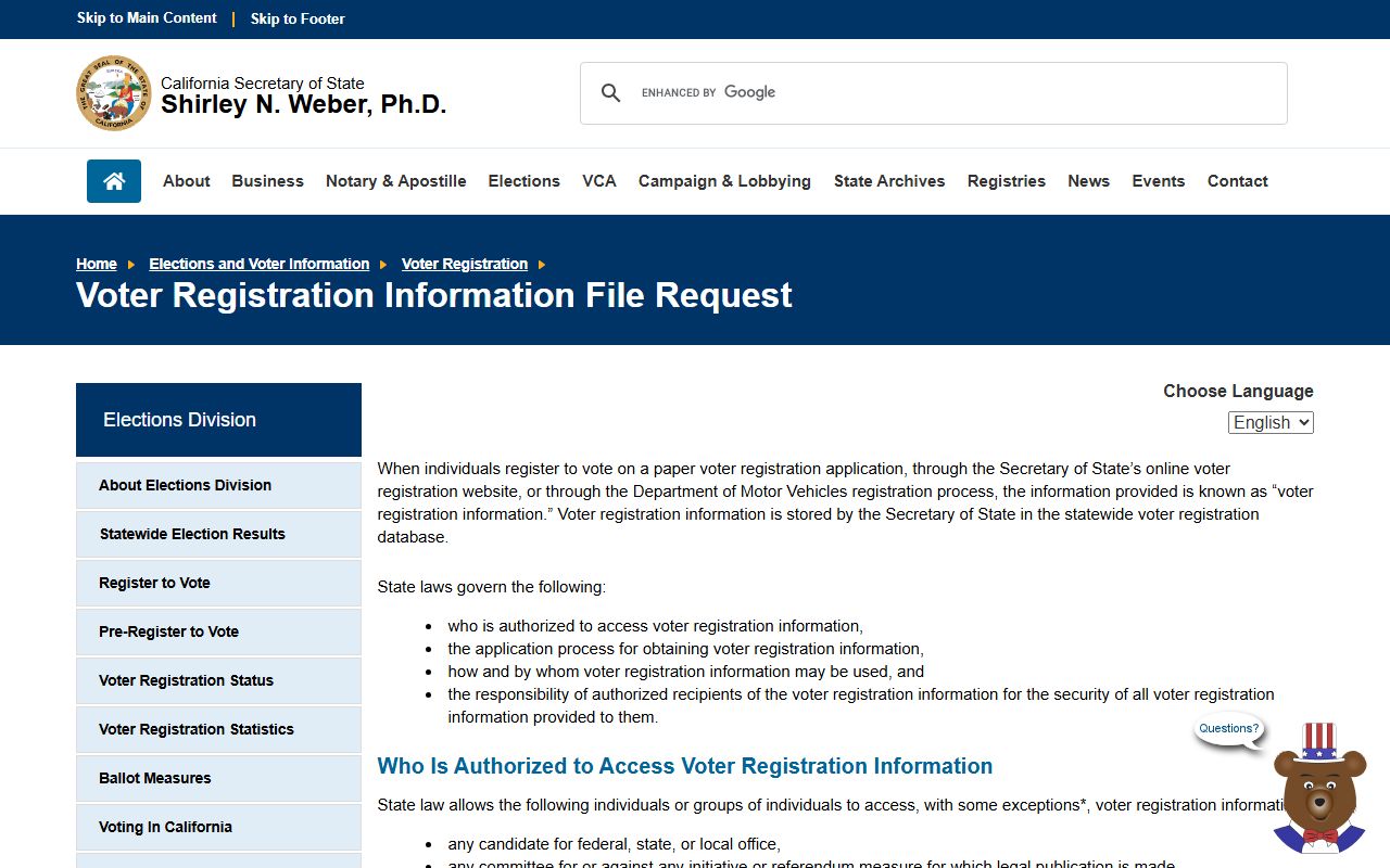 California Secretary of State voter registration file request page for residents directory search