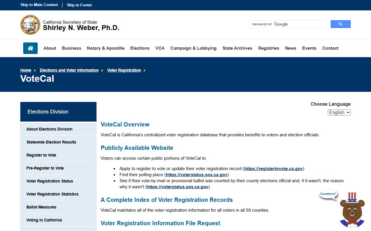 California VoteCal project page showing the centralized voter residents directory system