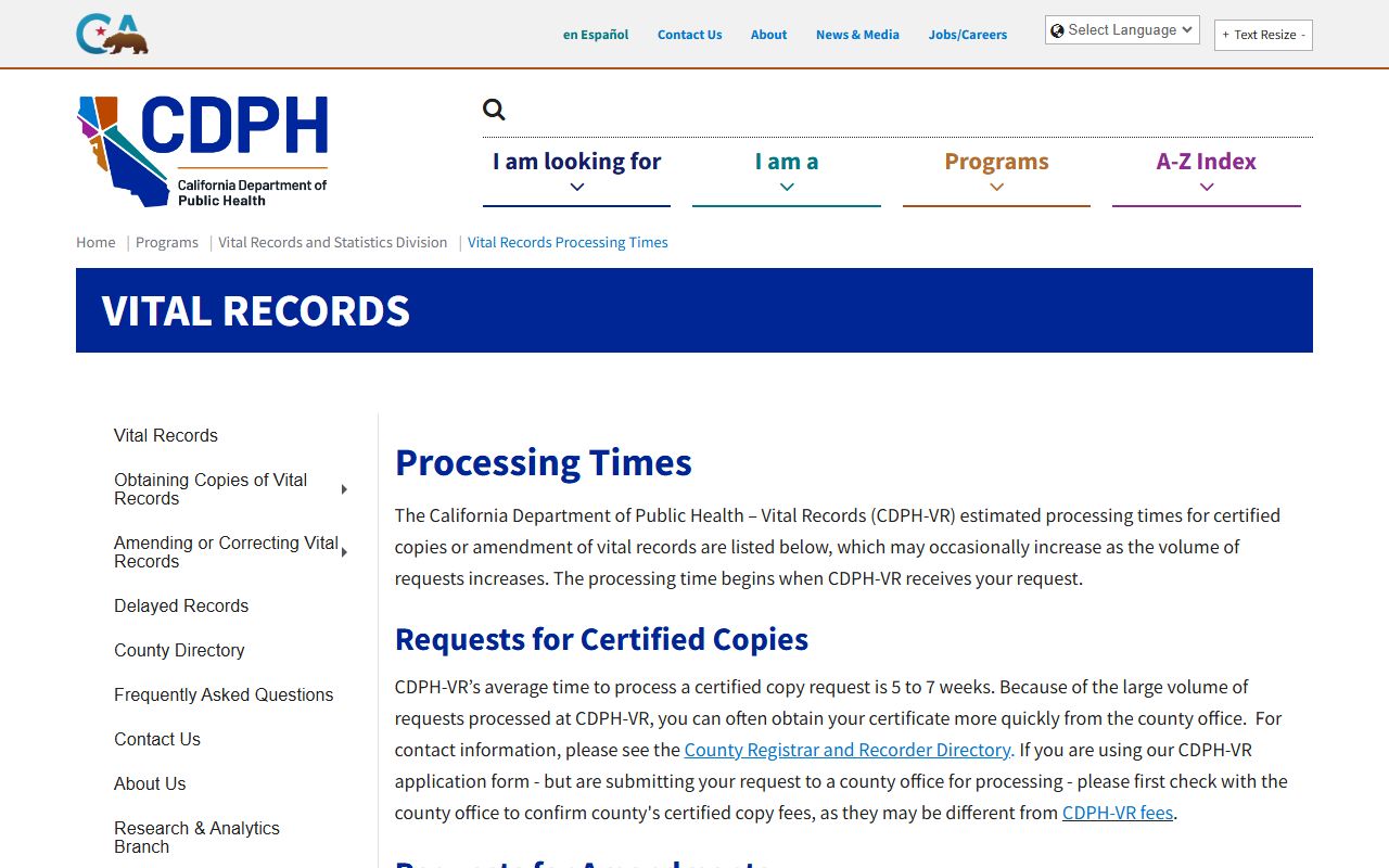California CDPH vital records processing times for residents directory research