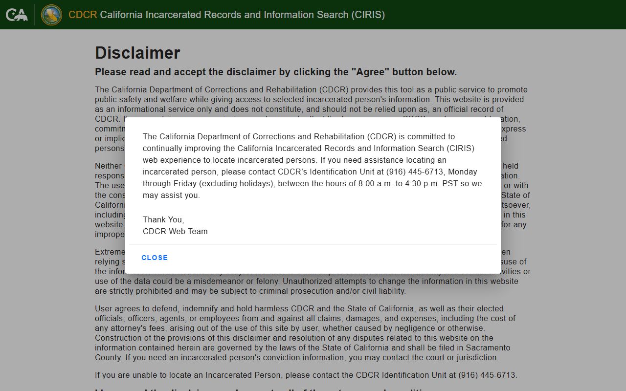 California CDCR CIRIS inmate search tool for residents directory lookup