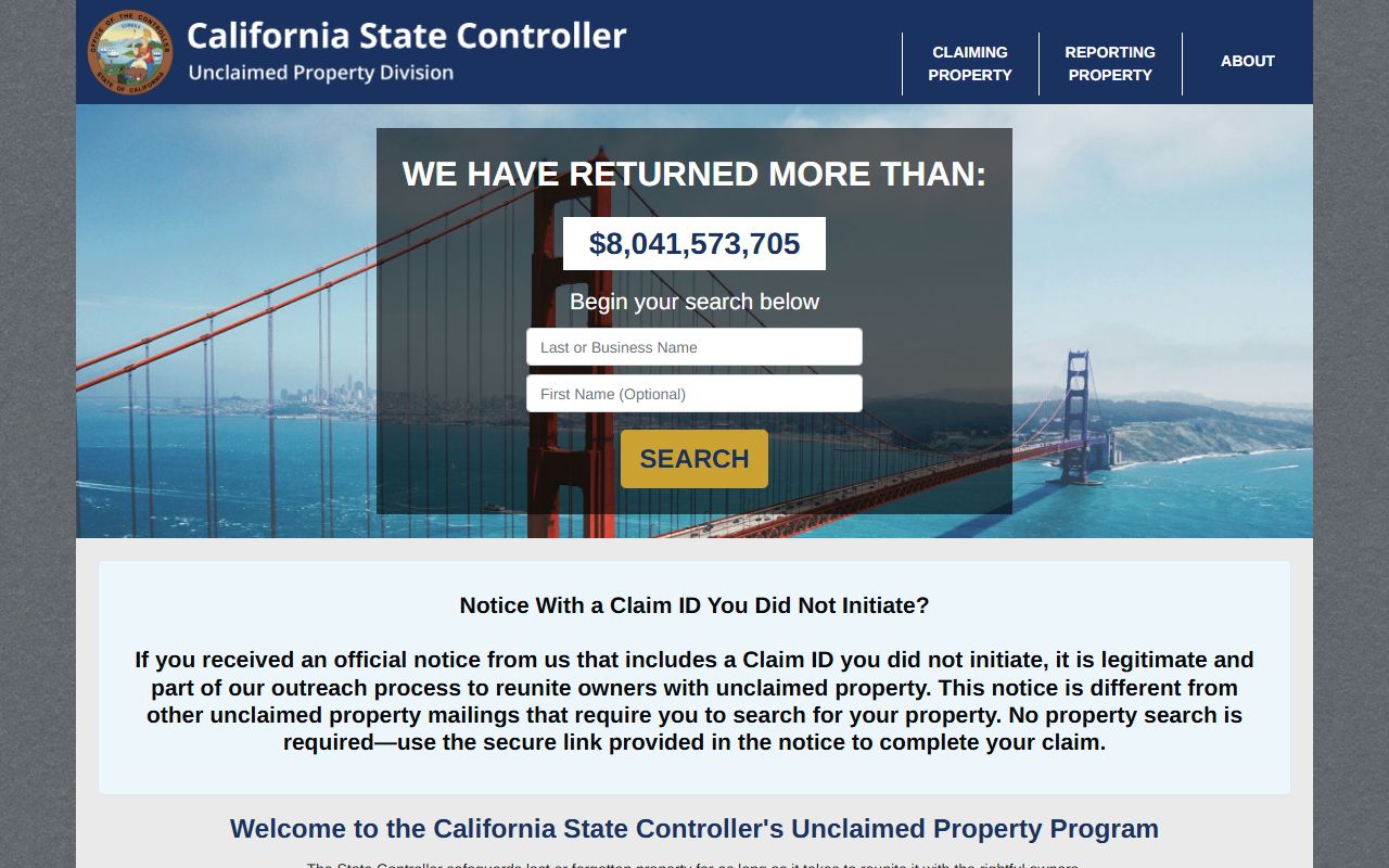 California unclaimed property search portal for residents directory data